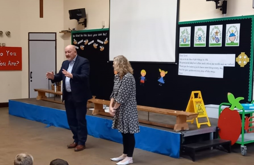 Peter Fox visiting Llantilio Perholey Church in Wales School