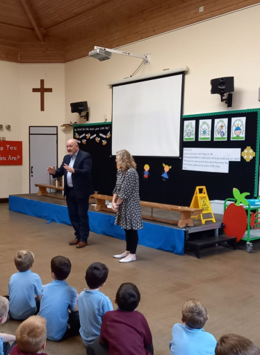 Peter Fox visiting Llantilio Perholey Church in Wales School